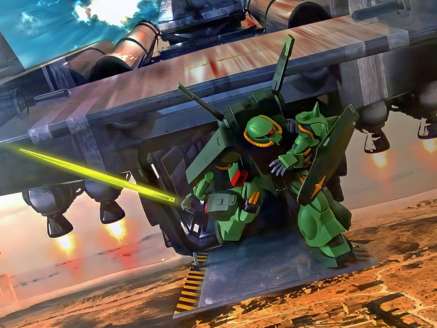 3d aircraft energy_sword cable cloud commentary_request energy_sword flying gundam gunpla hangar hizack holding holding_sword holding_weapon machinery mecha mecha_focus mobile_suit model_kit no_humans one-eyed open_hatch photo_background photo_inset photoshop_(medium) robot roundel science_fiction shield shoulder_spikes sign spikes sword thrusters titans_(gundam) warning_sign weapon zeta_gundam