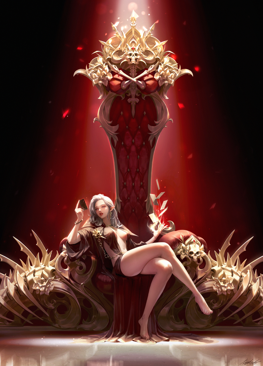 1girl absurdres barefoot black_background bracelet brown_dress card chain chain dress earrings gold_chain grey_eyes grey_hair highres holding holding_card jewelry crossed_legs light lizchief long_hair looking_at_viewer medium_hair midriff navel necklace original pointy_ears reflection signature single_earring sitting skeleton skull solo throne thrown