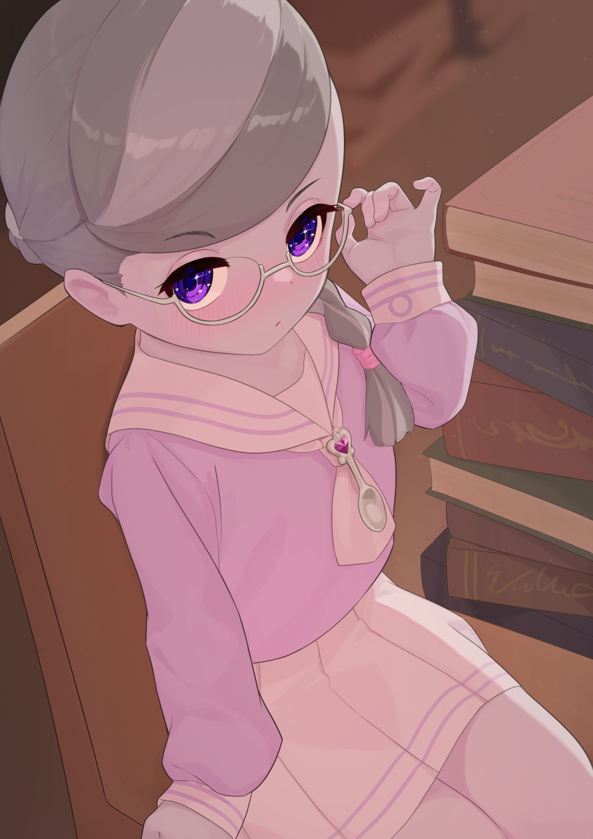 1girl absurdres adjusting_eyewear blush book book_stack braid chair closed_mouth dekasuji dress grey_hair highres legs_together looking_at_viewer my_little_pony my_little_pony:_equestria_girls my_little_pony:_friendship_is_magic on_chair pink_scrunchie purple_dress purple_eyes scrunchie silver_spoon silver_spoon_(equestria_girls) single_braid sitting sparkling_eyes white-framed_eyewear