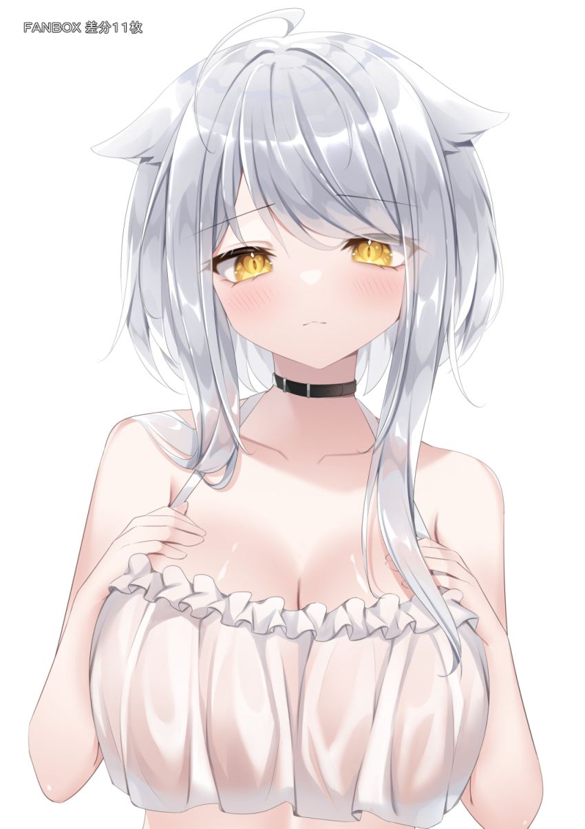 1girl ahoge animal_ears bare_arms bare_shoulders black_choker breasts choker cleavage closed_mouth collarbone crop_top crop_top_overhang floppy_ears frilled_shirt frills halterneck hands_on_own_chest hands_up highres large_breasts looking_at_viewer original see-through_clothes shirt short_hair_with_long_locks simple_background sleeveless sleeveless_shirt smile solo umou_(may65879) upper_body white_background white_hair white_shirt yellow_eyes