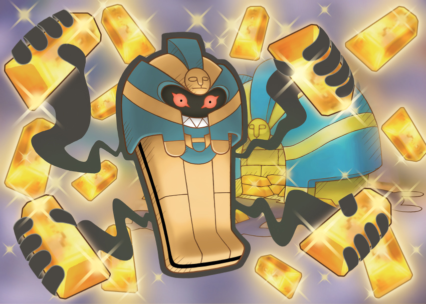absurdres artist_request cofagrigus extra_arms full_body gen_5_pokemon gold gold_bar highres holding nintendo no_humans official_art pokemon pokemon_(creature) pokemon_focus pokemon_mystery_dungeon pokemon_super_mystery_dungeon red_eyes sharp_teeth smile solo sparkle teeth third-party_source
