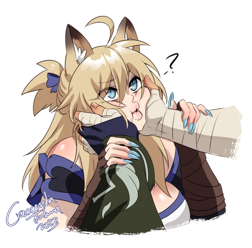 animal_ear_fluff animal_ears breasts cat_ears cat_girl cheek_press cheek_squash crescentia_fortuna cropped_torso dark-skinned_male dark_skin grabbing_another&#039;s_face face_squeeze fire_emblem fire_emblem:_path_of_radiance fire_emblem:_radiant_dawn hands_on_another&#039;s_cheeks hands_on_another&#039;s_face highres large_breasts nintendo original puckered_lips simple_background slit_pupils squeezing_cheeks squishing sylana_(crescentia_fortuna) thick_lips tibarn_(fire_emblem) upper_body white_background