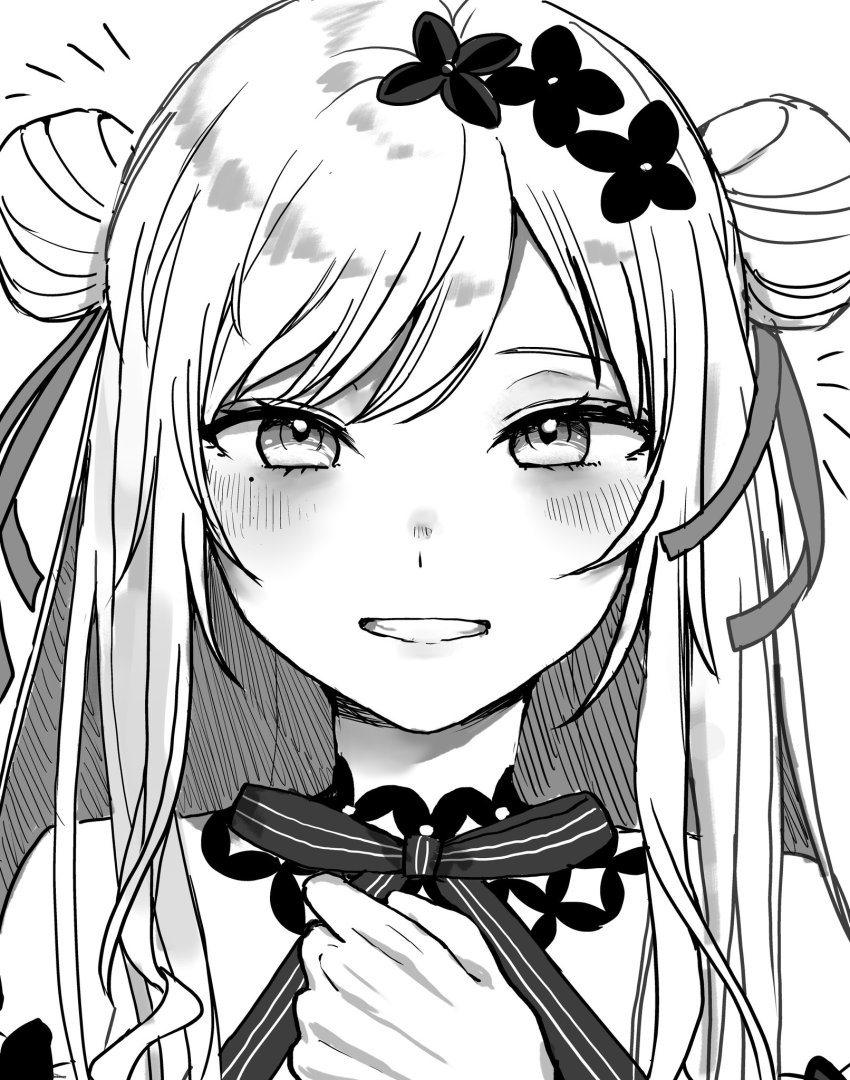 1girl blush double_bun eyebrows_hidden_by_hair greyscale hair_bun hair_ribbon halterneck hand_on_own_chest highres midori_(xs7slx) mole mole_under_eye monochrome nijisanji nijisanji_kr parted_lips portrait ribbon seffyna smile solo virtual_youtuber white_background