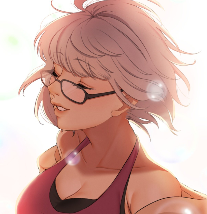 1girl bare_shoulders black_bra blush bra breasts cleavage closed_eyes collarbone fate/grand_order fate_(series) glasses grey_hair highres hiyayaako jacques_de_molay_(foreigner)_(fate) jacques_de_molay_(foreigner)_(method_to_walk_on_the_stars)_(fate) large_breasts purple_sports_bra short_hair smile solo sports_bra underwear white_background