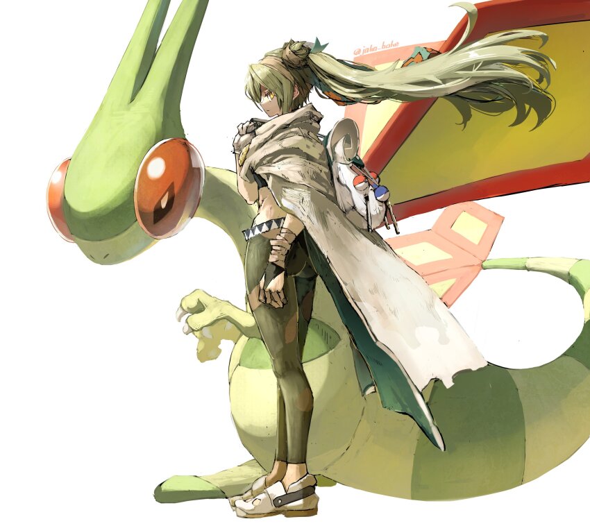 1girl flygon gen_3_pokemon green_hair ground_miku_(project_voltage) hatsune_miku highres jako_(boke_poke) nintendo pokemon pokemon_(creature) project_voltage vocaloid