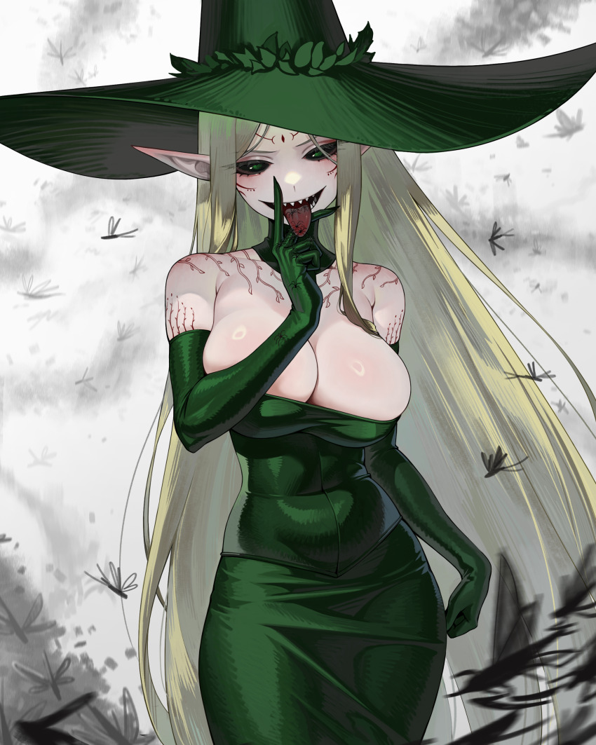 1girl absurdres bare_shoulders black_sclera blonde_hair body_markings breasts bug cleavage colored_sclera commentary cowboy_shot dress elbow_gloves elf english_commentary evil_smile facial_mark floating_hair forehead_mark frau_trude_(gemi_ningen) gemi_ningen gloves green_dress green_eyes green_gloves green_hat hat highres large_breasts long_hair long_pointy_ears looking_at_viewer low_neckline open_mouth pathfinder pencil_dress pointy_ears sharp_teeth shiny_skin smile solo spider standing strapless strapless_dress teeth tongue tongue_out very_long_hair witch witch_hat