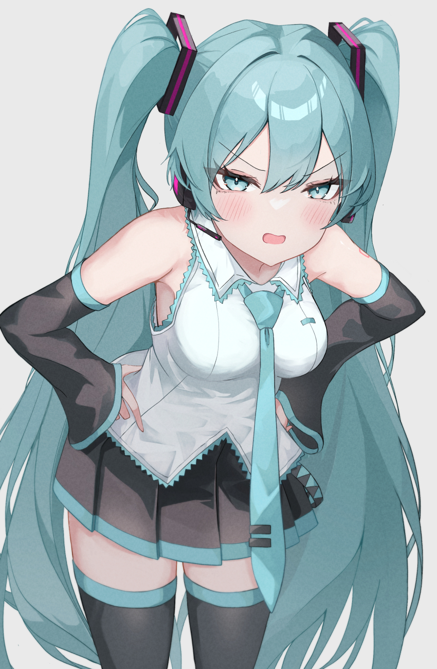 1girl absurdres aqua_eyes aqua_hair aqua_necktie black_skirt blush breasts detached_sleeves eikawa_suru grey_background hair_between_eyes hair_ornament hands_on_own_hips hatsune_miku headphones highres leaning_forward long_hair long_sleeves looking_at_viewer medium_breasts necktie open_mouth pleated_skirt simple_background skirt solo thighhighs twintails very_long_hair vocaloid wide_sleeves zettai_ryouiki