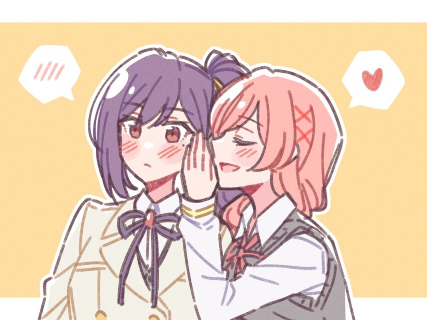 2girls akamirai arms_at_sides black_ribbon black_sweater_vest blush brown_eyes buttons closed_eyes closed_mouth collared_shirt commentary double-breasted grey_jacket hair_ornament hair_over_shoulder hand_on_another&#039;s_cheek hand_on_another&#039;s_face hand_up heart high_ponytail jacket letterboxed liu_mei_fan long_hair long_sleeves looking_ahead multiple_girls neck_ribbon open_mouth outside_border pink_hair ponytail profile purple_hair red_ribbon ribbon school_uniform shirt shoujo_kageki_revue_starlight shoujo_kageki_revue_starlight_-re_live- side-by-side side_ponytail simple_background smile speech_bubble spoken_blush spoken_heart sweater_vest tsuruhime_yachiyo upper_body whispering whispering_in_ear white_shirt x_hair_ornament yellow_background yuri