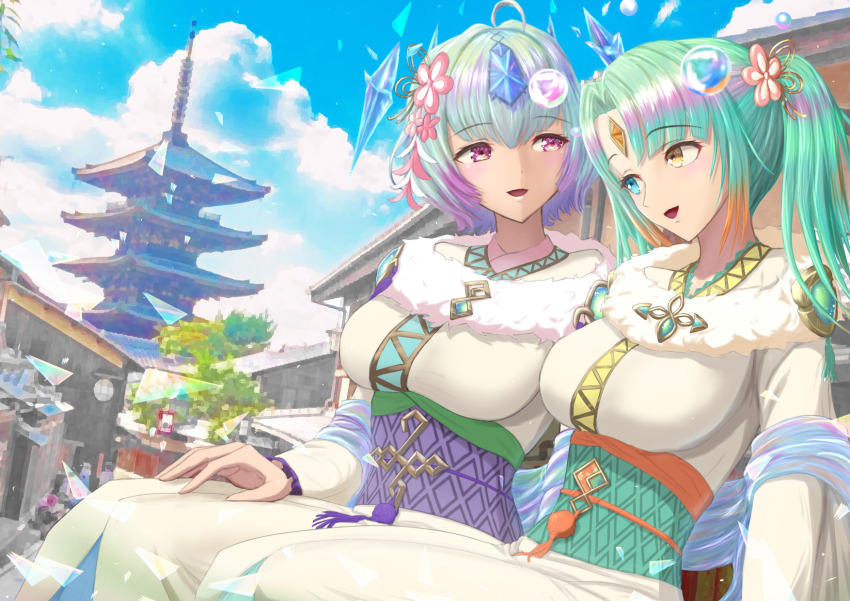 2girls :d blue_eyes blue_sky breasts cloud fire_emblem fire_emblem_heroes forehead_jewel furisode gradient_hair green_hair heidr_(fire_emblem) heidr_(new_year)_(fire_emblem) heterochromia highres japanese_clothes kimono large_breasts looking_at_another matoimangekyo multicolored_hair multiple_girls nintendo official_alternate_costume open_mouth purple_hair seidr_(fire_emblem) seidr_(new_year)_(fire_emblem) short_hair sitting sky smile twintails white_kimono yellow_eyes