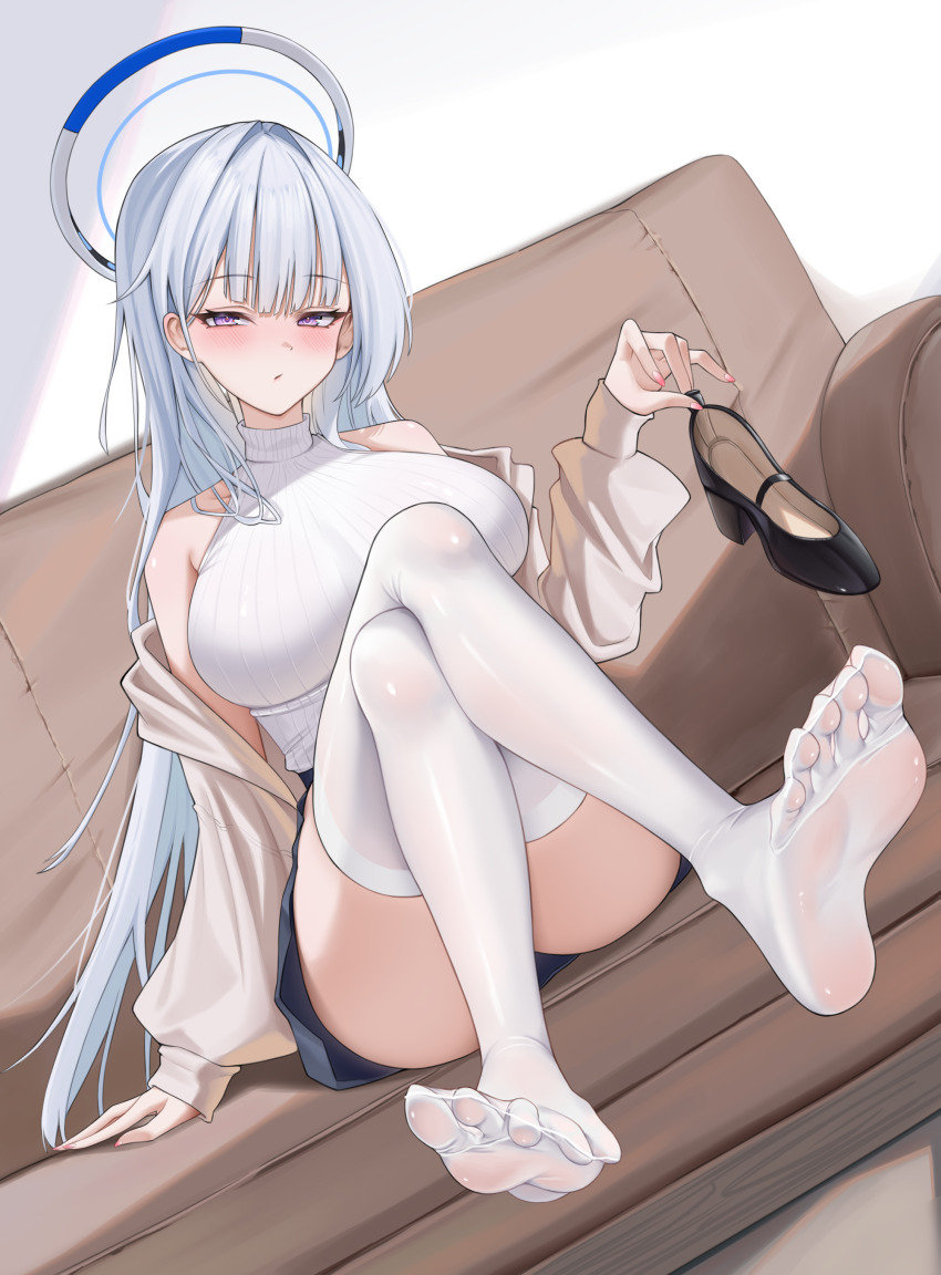 1girl absurdres alternate_costume arm_at_side bare_shoulders black_shoes black_skirt blue_archive blue_halo blush breasts brown_jacket closed_mouth commentary convenient_leg couch crossed_legs dutch_angle feet fingernails foot_focus full_body grey_hair grey_halo half-closed_eyes halo hand_up high-waist_skirt high_heels highres holding holding_shoes holding_unworn_clothes indoors jacket knees_up lanhua227 large_breasts long_hair looking_at_viewer mechanical_halo miniskirt multicolored_halo nail_polish no_shoes noa_(blue_archive) off_shoulder on_couch open_clothes open_jacket purple_eyes red_nails ribbed_sweater shoes sitting skirt sleeveless sleeveless_sweater sleeves_past_wrists soles solo sweater thighhighs toe_scrunch toes turtleneck turtleneck_sweater two-tone_halo unworn_shoes very_long_hair white_sweater white_thighhighs