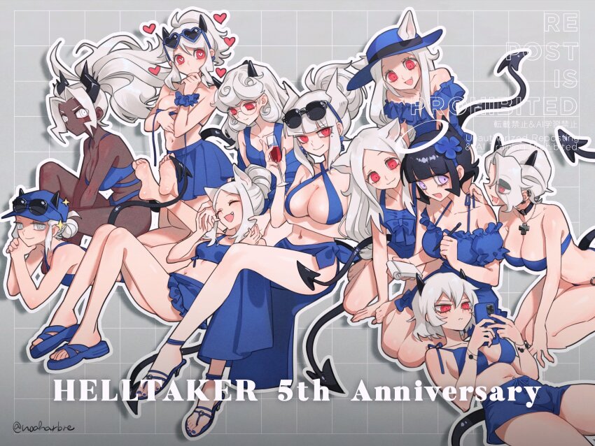 6+girls absurdres angel animal_ears anniversary azazel_(helltaker) barefoot bikini black_hair black_horns black_tail blue_eyes blue_hat breasts cellphone cerberus_(helltaker) champagne_flute choker cleavage commentary criss-cross_halter cross cross_necklace cup dark-skinned_female dark_skin demon_girl demon_horns demon_tail drinking_glass ear_piercing earrings ears_through_headwear english_commentary english_text eyewear_on_head face_piercing fang flower_hairband glasses hairband halo halterneck hat heart heart-shaped_eyewear heart-shaped_pupils helltaker highres holding holding_notepad holding_pen holding_phone horns horns_through_headwear jewelry judgement_(helltaker) justice_(helltaker) large_breasts lip_piercing long_hair looking_at_viewer lucifer_(helltaker) malina_(helltaker) modeus_(helltaker) mole mole_under_eye multiple_girls nail_polish navel necklace noah_(tettsui-sole) nose_piercing notepad open_mouth pandemonica_(helltaker) pen phone piercing ponytail red_eyes sandals sarong scrunchie short_hair shorts smartphone smile sparkle spiked_horns sunglasses swimsuit symbol-shaped_pupils tail toenail_polish toenails triplets twitter_username untied_bikini untying white_eyes white_hair white_horns wrist_scrunchie zdrada_(helltaker)