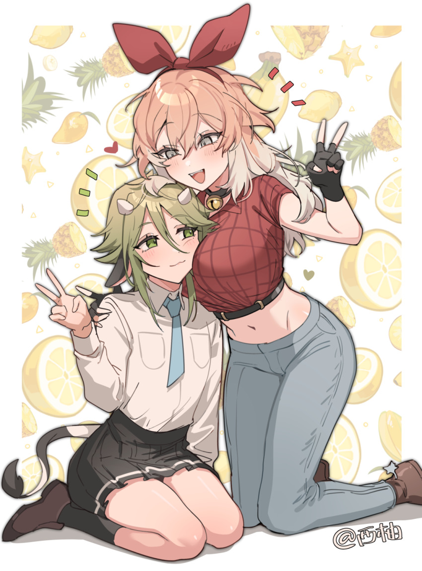 1boy 1girl :3 animal_ears bell blonde_hair blue_necktie blush border cheek-to-breast cow_boy cow_ears cow_horns cow_tail crop_top crossdressing denim fingerless_gloves fruit_background full_body gloves green_eyes green_hair grey_eyes hair_between_eyes hair_ribbon hairband heart highres horns jeans kneeling long_hair looking_at_another ming_(5unri5e666) multicolored_hair navel neck_bell necktie notice_lines open_mouth original pants pleated_skirt red_shirt ribbon seiza shirt sitting skirt smile stirrup_footwear tail trap twitter_username two-tone_hair v white_border white_shirt