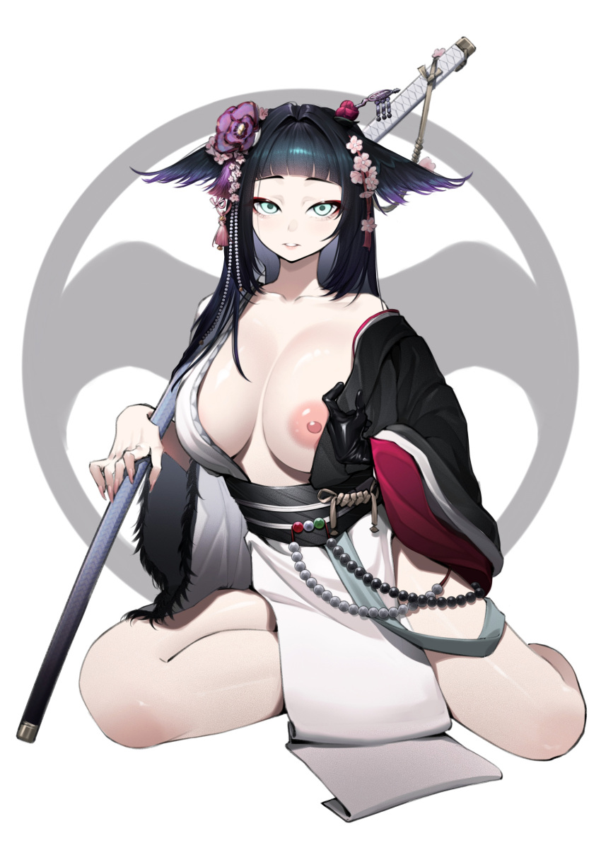 1girl absurdres animal_ears arched_bangs arknights bare_shoulders black_gloves black_hair black_haori black_sash blunt_bangs breasts collarbone commentary flower full_body ghosty_(xiaobai) gloves green_eyes hair_flower hair_intakes hair_ornament haori highres japanese_clothes katana large_breasts long_hair long_sleeves looking_at_viewer mio_(arknights) nipples no_bra off_shoulder parted_lips pink_flower procreate_(medium) purple_flower sash sheath sheathed single_glove sitting solo sword variant_set weapon white_background