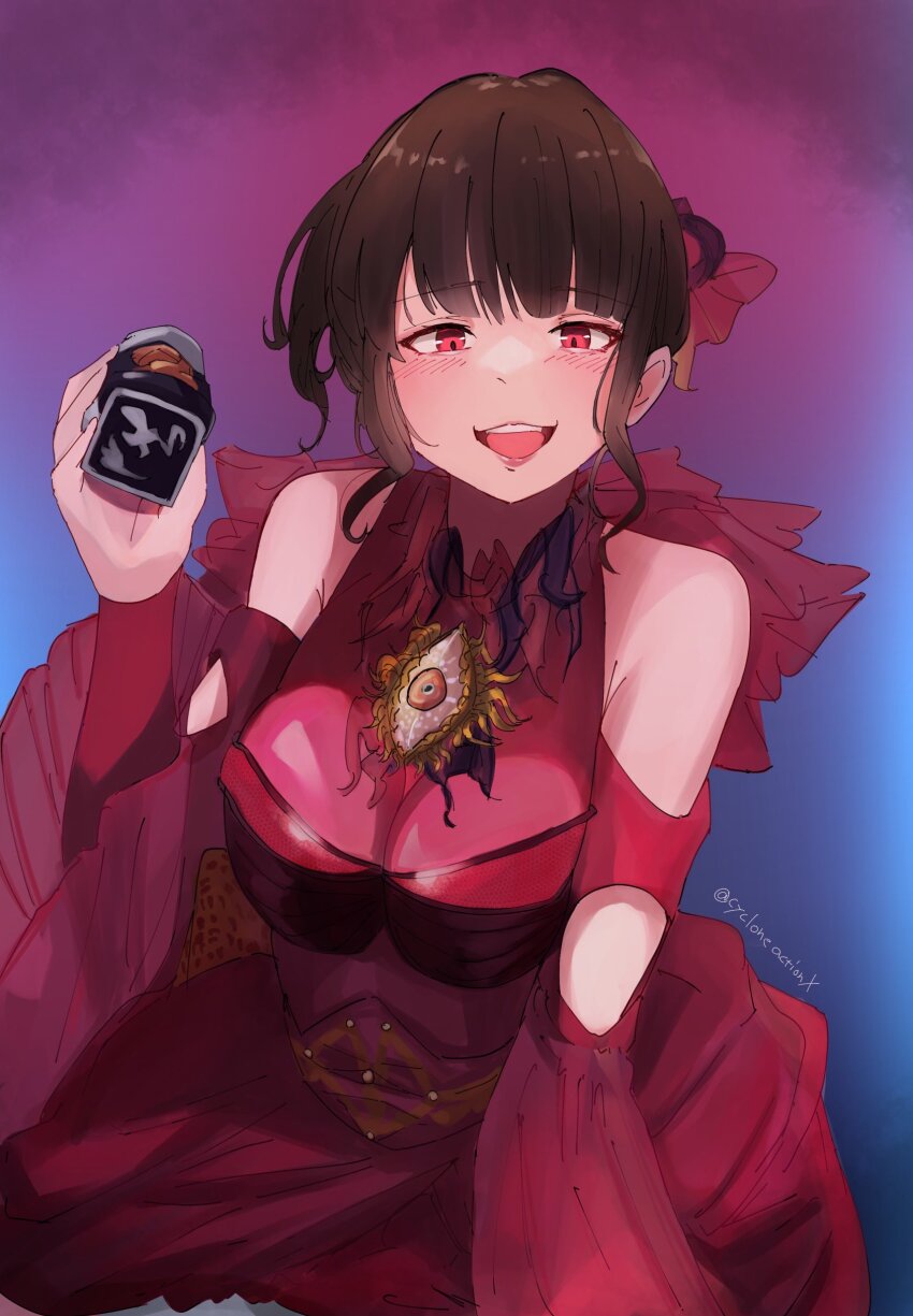 1girl absurdres aguilera_(kamen_rider_revice) bare_shoulders breasts brown_hair commission cycloneactionx detached_sleeves dress highres holding kamen_rider kamen_rider_revice looking_at_viewer medium_breasts multicolored_background red_dress red_eyes skeb_commission smile solo tokusatsu twitter_username wavy_hair