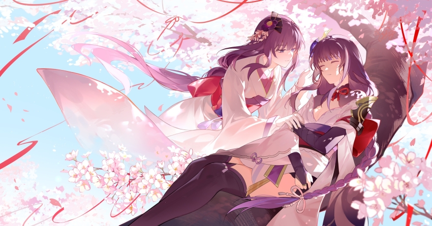 2girls against_tree armor asymmetrical_sleeves back_bow black_panties blue_sky blunt_bangs bow braid branch breasts bridal_gauntlets cherry_blossoms chinese_commentary cleavage closed_eyes closed_mouth cloud cloudy_sky dappled_sunlight falling_petals from_side genshin_impact hair_ornament hair_ribbon hand_on_another&#039;s_wrist hand_up highres japanese_clothes large_breasts ling_yu_xiaoyan long_braid long_sleeves looking_down makoto_(genshin_impact) mole mole_under_eye multicolored_hair multiple_girls neck_ribbon off_shoulder on_branch outdoors panties parted_lips petals purple_hair purple_ribbon purple_thighhighs raiden_shogun red_ribbon red_sash ribbon sash shoulder_armor siblings single_braid sisters sky sleeping spirit streaked_hair sunlight thighhighs thighs tree twins underwear uneven_sleeves wide_sleeves