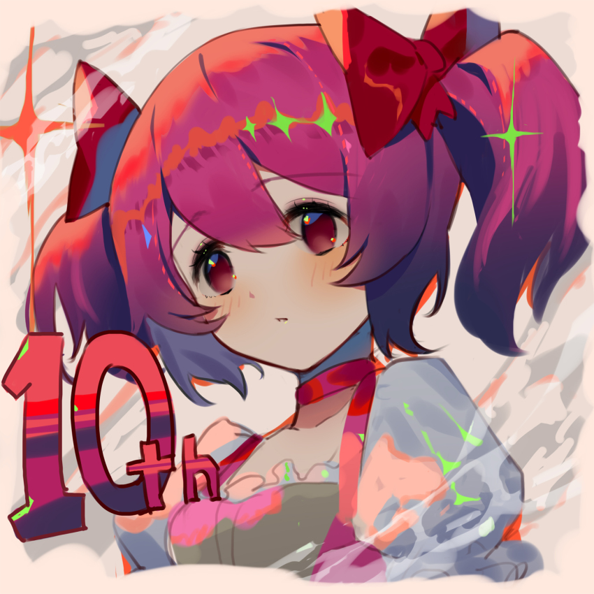 1girl blush bow breasts brown_background choker collarbone commentary_request cropped_torso hair_between_eyes hair_bow highres hk_(hk) kaname_madoka kaname_madoka_(magical_girl) magical_girl mahou_shoujo_madoka_magica mahou_shoujo_madoka_magica_(anime) parted_lips puffy_short_sleeves puffy_sleeves purple_hair red_bow red_choker red_eyes short_sleeves small_breasts solo sparkle twintails upper_body