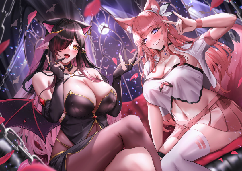 2girls absurdres animal_ear_fluff animal_ears bare_shoulders bat_(animal) black_choker black_gloves black_hair blue_gemstone breasts brown_pantyhose cat_ears chain character_request choker cleavage copyright_request crossed_legs demon_girl demon_wings detached_collar extra_ears falling_petals full_moon gem gloves gold_trim gradient_hair grin high-waist_pantyhose highres huge_breasts indoors kirisamede_gzr miniskirt mole mole_under_eye mole_under_mouth moon multicolored_hair multiple_girls night o-ring open_clothes open_mouth open_shirt pantyhose partially_fingerless_gloves petals pink_hair pink_petals pink_skirt pleated_skirt pointy_ears purple_eyes red_gemstone sitting skirt smile stomach thighhighs virtual_youtuber white_thighhighs wings wristband yellow_eyes