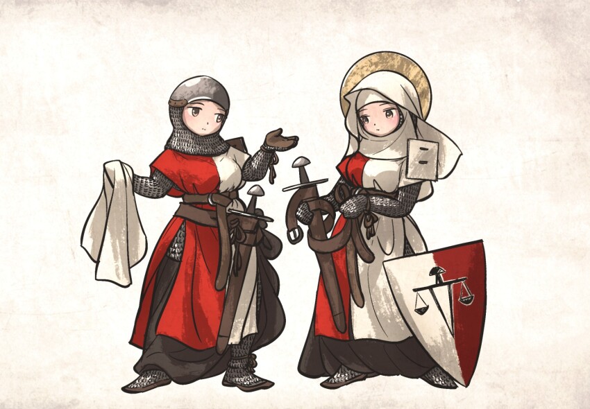 2girls armor armored_boots armored_gloves balance_scale_print belt black_dress boots brown_belt chainmail closed_mouth coif commentary dress dressing english_commentary facing_viewer full_body halo halo_behind_head hauberk helmet holding holding_belt holding_scabbard holding_veil ironlily kite_shield looking_to_the_side multiple_girls ordo_mediare_sisters_(ironlily) saint_aileite_(ironlily) simple_background standing surcoat sword veil weapon white_background white_veil wimple