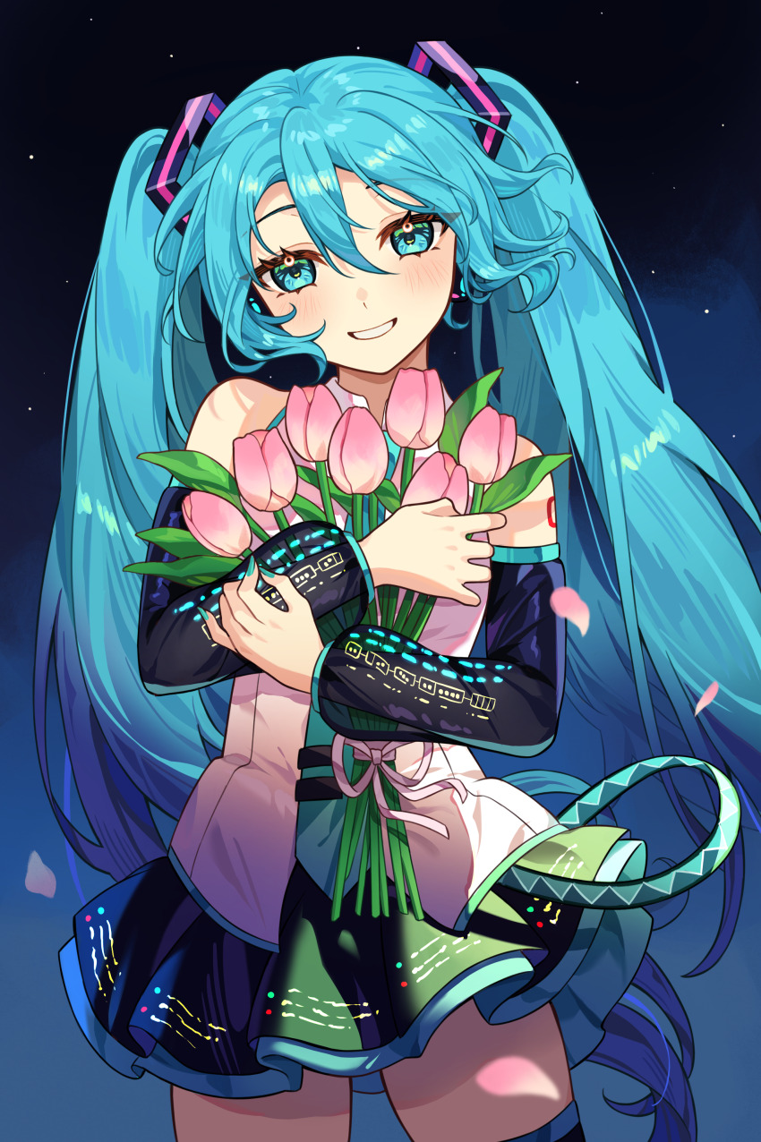 1girl absurdres blue_eyes blue_hair bouquet commentary cowboy_shot detached_sleeves flower grin hair_ornament hatsune_miku hatsune_miku_(vocaloid3) highres holding holding_bouquet holding_flower long_hair long_sleeves looking_at_viewer nail_polish necktie orikawaz petals shirt skirt sleeveless sleeveless_shirt smile solo thighhighs tie_clip tulip twintails very_long_hair vocaloid