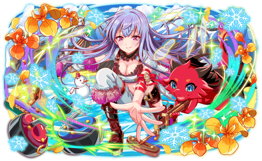 1girl 1other aqua_eyes arm_ribbon belt black_belt black_wings blue_sky boots brown_footwear brown_shorts bucket bucket_hat carrot cel_shading character_request cloud cloudy_sky crash_fever creature crop_top curling detached_sleeves eyelashes floating_hair flower full_body fur-trimmed_footwear fur-trimmed_sleeves fur_trim game_cg gloves hat holding ice iris_(flower) jewelry kneeling lace-up_boots long_hair mountain number_print numbered official_art on_ice orange_flower outline pants parted_lips pendant pink_eyes red_hat red_outline red_ribbon reflection ribbon saturated shirt short_sleeves shorts single_detached_sleeve sky smile snowflakes snowman solo_focus sparkle square square_print tachi-e thick_eyebrows transparent_background very_long_hair white_gloves white_pants white_shirt white_sleeves wings winter yellow_flower