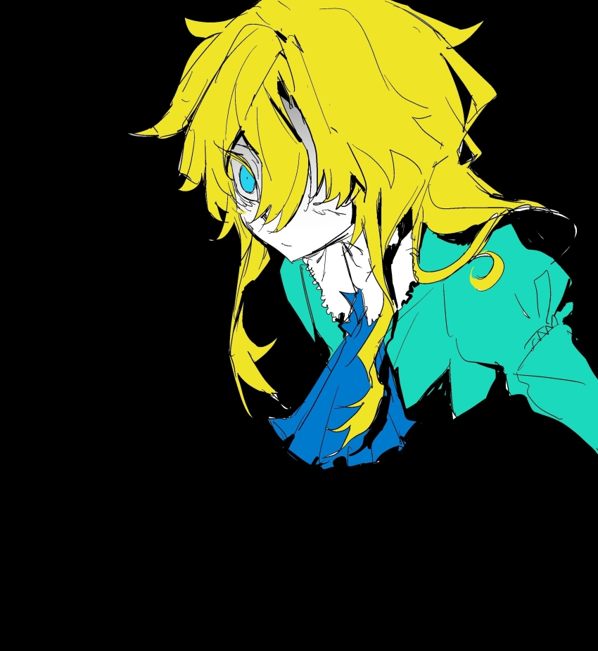 1girl absurdres aqua_shirt ascot black_background blonde_hair blue_ascot blue_eyes chinese_commentary closed_mouth collared_shirt colored_eyelashes colored_skin commentary_request cropped_torso highres ib_(kouri) mary_(ib) shaded_face shirt sidelocks simple_background sketch solo white_skin xiboliya_suanxing_shengwu