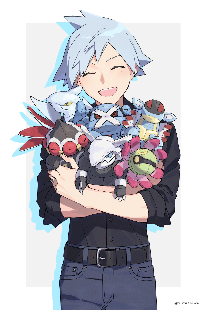 1boy :d aggron armaldo artist_name belt black_shirt blush buttons character_doll claydol closed_eyes commentary_request cradily doll gen_2_pokemon gen_3_pokemon grey_hair highres jewelry male_focus metagross nintendo open_mouth pants pokemon pokemon_(creature) pokemon_rse ring shirt skarmory sleeves_rolled_up smile steven_stone teeth xia_(ryugo) |d