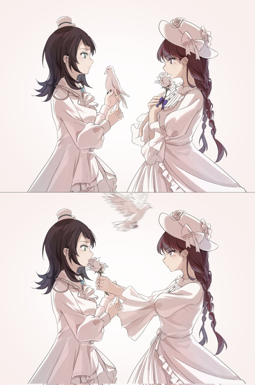 2girls bang_dream! bang_dream!_it&#039;s_mygo!!!!! bird black_hair blue_eyes blush braid brown_hair commentary dove dress flower gooseprince21 hashtag-only_commentary hat highres holding holding_flower long_hair long_sleeves medium_hair mini_hat multiple_girls purple_eyes shiina_taki simple_background three-quarter_sleeves twin_braids white_background white_dress white_flower white_hat yahata_umiri yuri