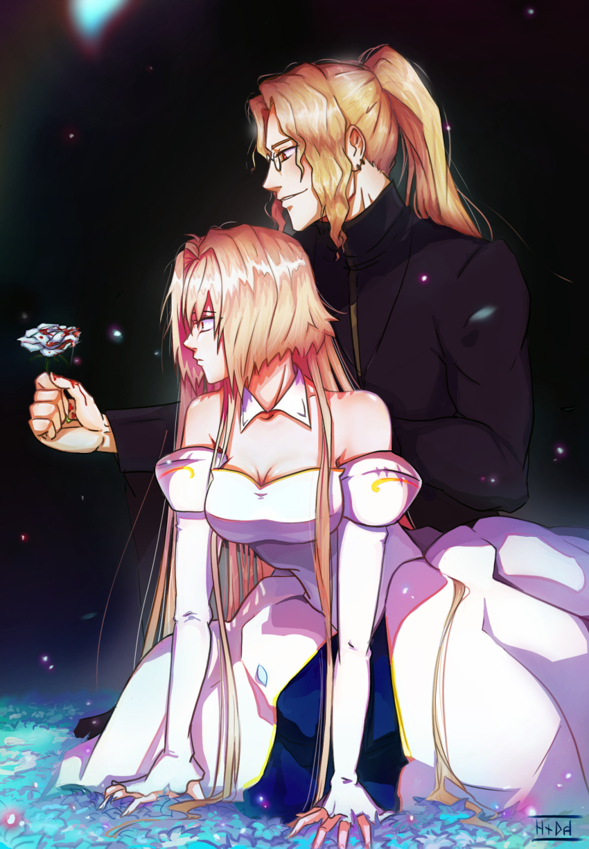 1boy 1girl ahoge alt_text archetype_earth arcueid_brunestud bare_shoulders blonde_hair blood blood_on_flower breasts cleavage cross cross_necklace detached_sleeves dress expressionless field flower flower_field glasses gold_trim hidaboland highres holding holding_flower jewelry long_hair long_sleeves michael_roa_valdamjong michael_roa_valdamjong_(human) necklace night night_sky on_floor petals ponytail priest red_eyes sky smile tsukihime vampire very_long_hair white_dress