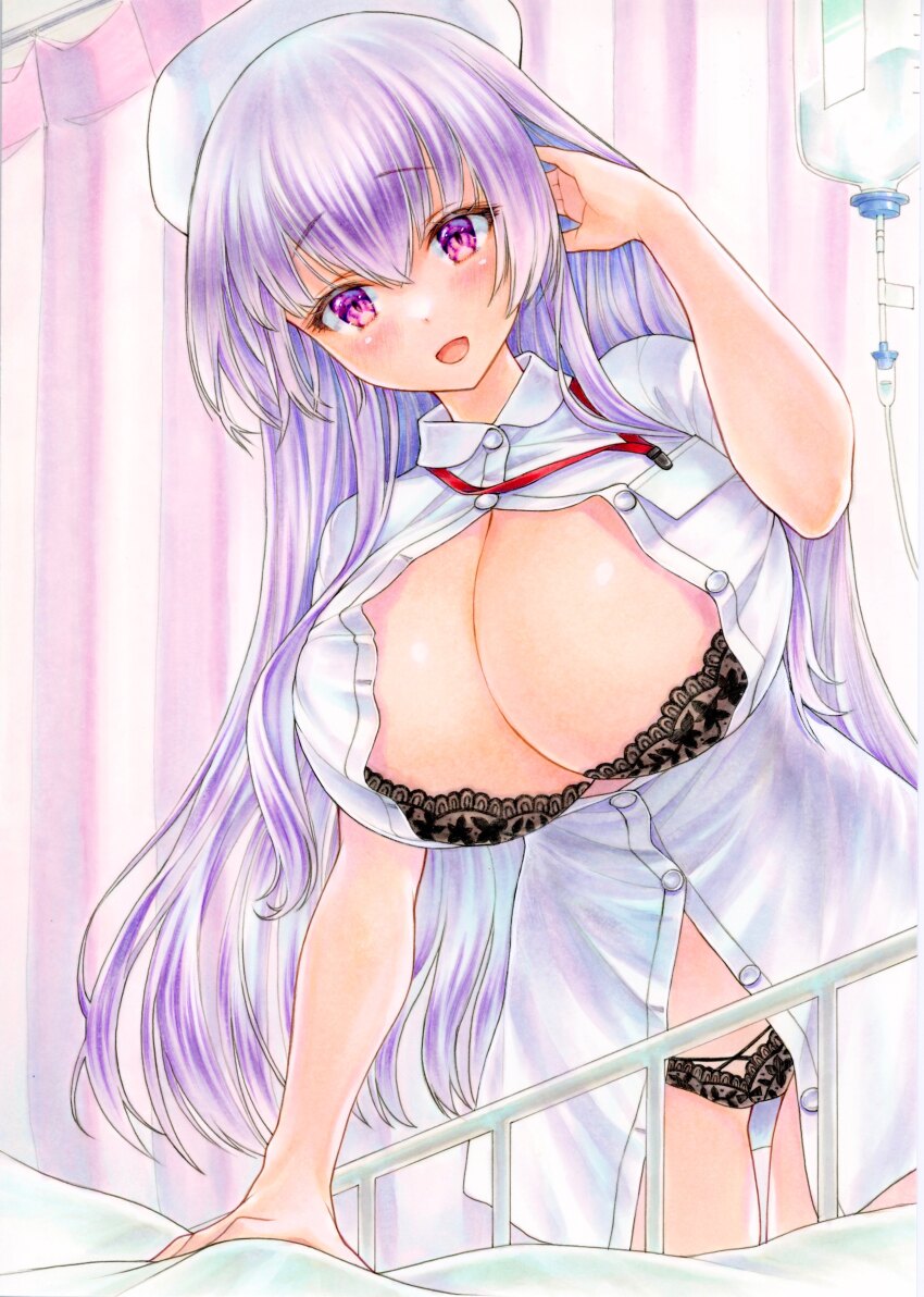 1girl absurdres beret black_bra black_panties blush bra breasts collared_shirt commentary_request hair_between_eyes hand_up hat highres huge_breasts intravenous_drip lace lace_bra lace_panties lingerie long_bangs long_hair looking_at_viewer marker_(medium) mikeko_(mikeko135) nurse open_clothes open_mouth open_shirt original panties partial_commentary partially_unbuttoned pov purple_eyes purple_hair shirt short_sleeves smile solo standing straight_hair traditional_media underwear very_long_hair white_hat white_shirt wispy_bangs