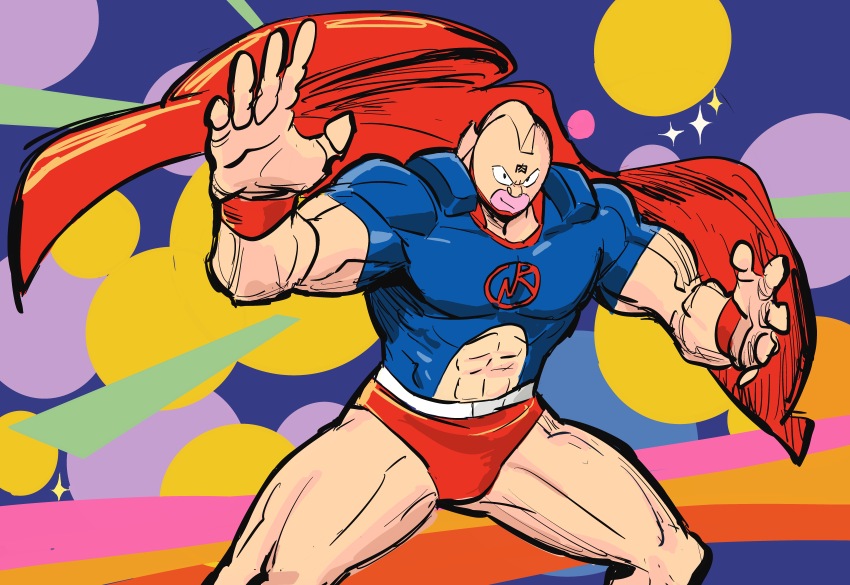 1boy abs absurdres armband blue_shirt broad_shoulders cape highres kinnikuman kinnikuman_(character) legs_apart light_smile lips looking_at_viewer male_focus muscular muscular_male red_armband red_cape shirt sushio wrestling_outfit