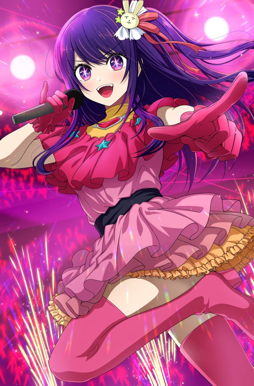 1girl commentary_request dress gloves hair_ornament highres hoshino_ai idol_clothes microphone open_mouth oshi_no_ko pink_dress pink_gloves pink_thighhighs pointing rabbit_hair_ornament shibata_rai smile solo standing standing_on_one_leg star-shaped_pupils star_(symbol) star_in_eye symbol-shaped_pupils symbol_in_eye teeth thighhighs turtleneck turtleneck_dress upper_teeth_only