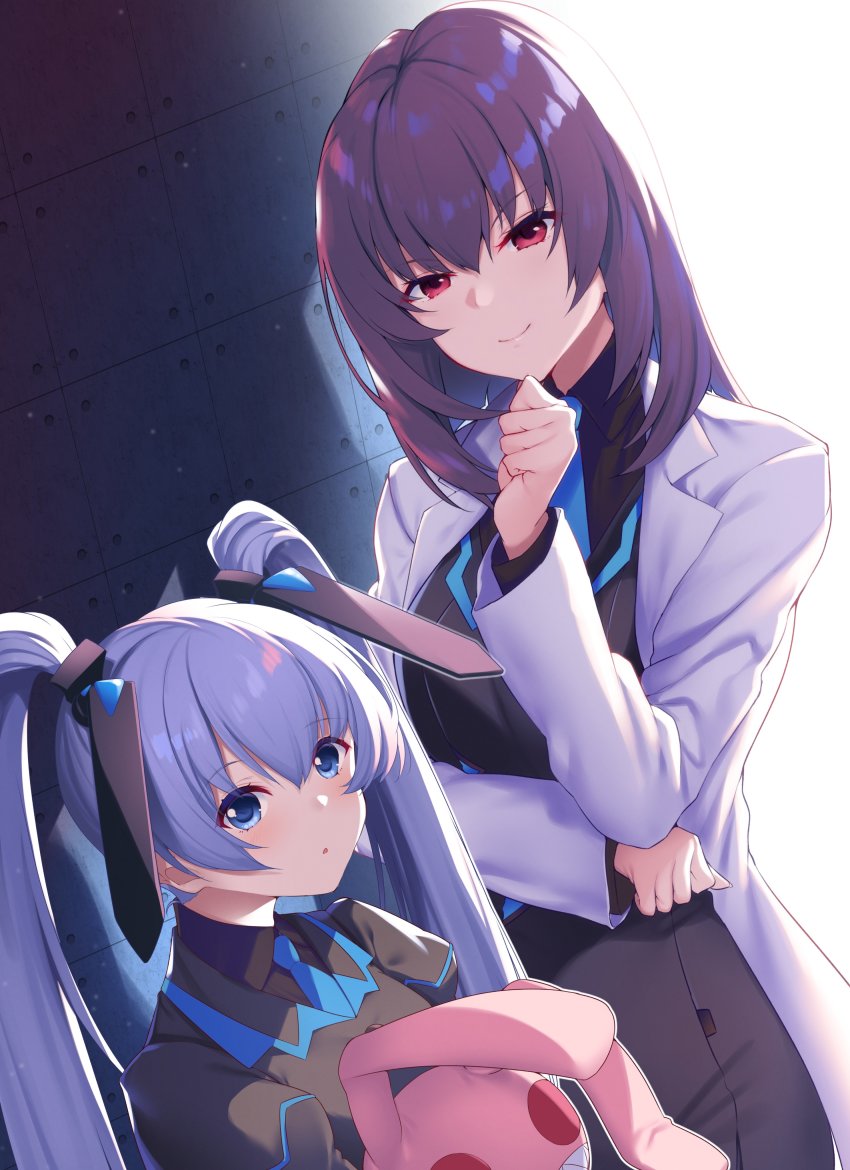 2girls absurdres black_shirt blue_eyes blue_necktie collared_shirt commission finger_to_cheek grey_jacket highres holding holding_stuffed_toy jacket juliet_sleeves kouzuki_yuuko lab_coat long_sleeves looking_at_viewer medium_hair multiple_girls muv-luv muv-luv_alternative muv-luv_alternative_(anime) necktie puffy_sleeves purple_hair raiou red_eyes second-party_source shirt skeb_commission smile stuffed_animal stuffed_rabbit stuffed_toy twintails v-shaped_eyebrows yashiro_kasumi