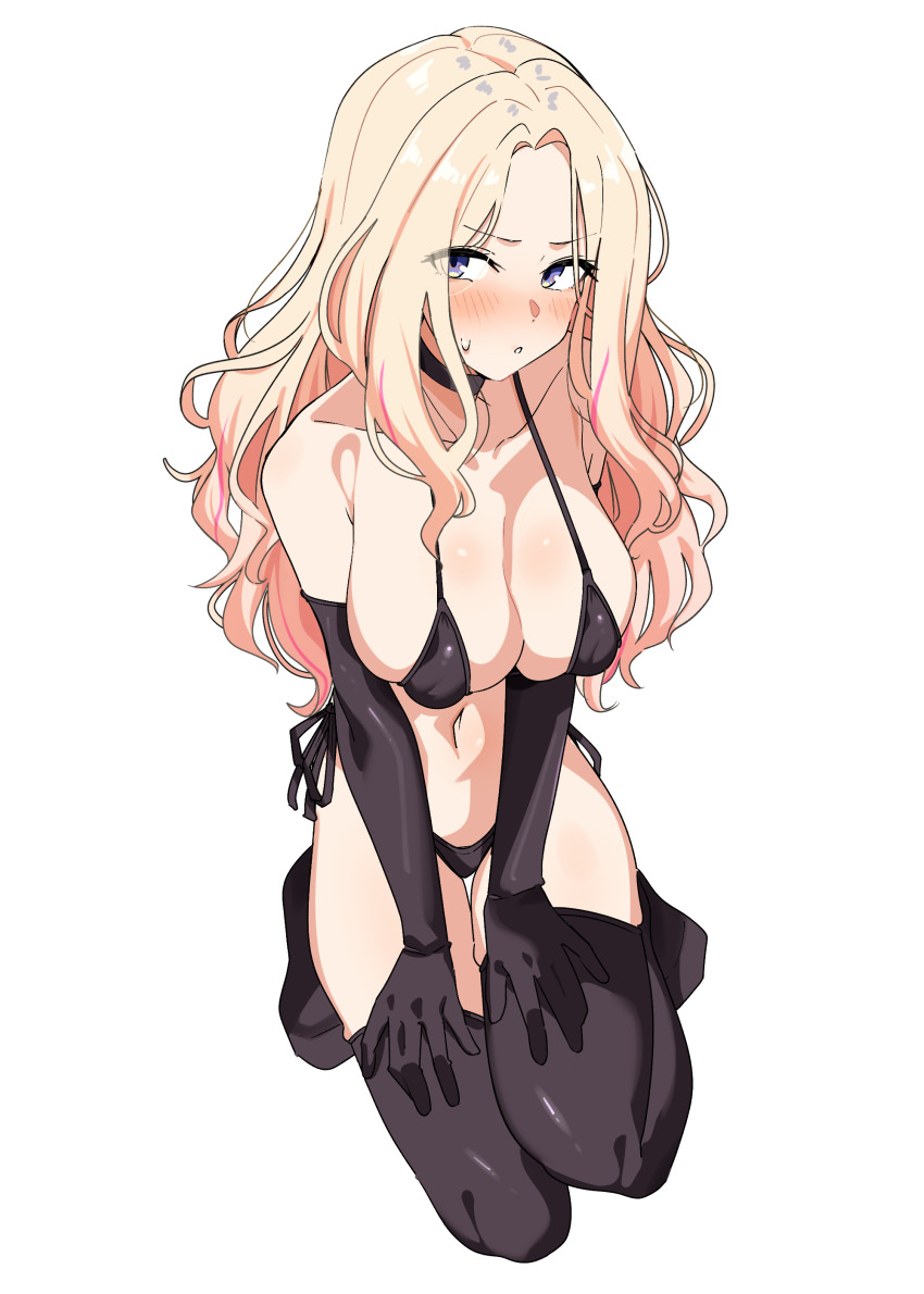 1girl absurdres bikini black_bikini black_choker black_gloves black_thighhighs blonde_hair blush breasts choker collarbone elbow_gloves full_body gakuen_idolmaster gloves grey_eyes highres idolmaster juo_sena kneeling large_breasts long_hair looking_at_viewer multicolored_hair paid_reward_available parted_lips pink_hair seihekiog side-tie_bikini_bottom solo streaked_hair swimsuit thighhighs thighs white_background