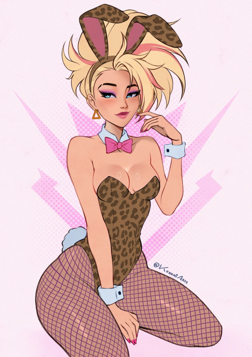 1girl akali animal_ears animal_print blonde_hair bow bowtie breasts brown_leotard cleavage detached_collar fake_animal_ears fishnet_pantyhose fishnets hand_up highres k/da_(league_of_legends) k/da_akali konomidraws league_of_legends leopard_print leotard makeup pantyhose pink_background pink_bow pink_bowtie pink_hair rabbit_ears rabbit_tail shiny_skin smile solo tail white_background wrist_cuffs