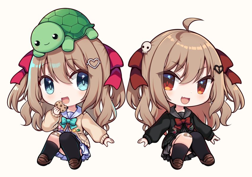 2girls ahoge asymmetrical_legwear bandaid bandaid_on_knee bandaid_on_leg black_cardigan black_sailor_collar black_shirt black_skirt black_socks black_thighhighs blue_eyes blue_sailor_collar blue_skirt bow bowtie brown_footwear brown_hair buttons car cardigan chibi chibi_only commentary cookie dress_shirt english_commentary evil_neuro-sama fang food from_side full_body green_bow green_bowtie hair_between_eyes hair_ornament hair_ribbon heart heart_button heart_hair_ornament highres holding holding_cookie holding_food indie_virtual_youtuber loafers long_hair long_sleeves melon-fox motor_vehicle multiple_girls neuro-sama open_mouth pleated_skirt red_bow red_bowtie red_eyes red_ribbon ribbon sailor_collar shirt shoes simple_background single_sock single_thighhigh skin_fang skirt skull_hair_ornament smile socks star_button thighhighs uneven_legwear vedal987 virtual_youtuber white_background white_shirt yellow_car
