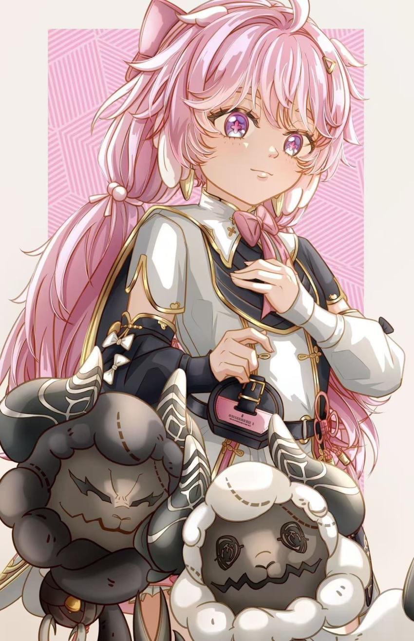 1girl ahoge asymmetrical_sleeves belt_pouch black_dress black_sleeves border bow cloudy_(wuthering_waves) cosmos_(wuthering_waves) cross-shaped_pupils dress earrings elbow_sleeve encore_(wuthering_waves) gold_earrings grey_border hair_bow hair_intakes hand_on_own_chest heidianzashipu highres jewelry long_hair low_twintails mismatched_sleeves outside_border petite pink_background pink_bow pink_hair pouch puffy_sleeves purple_eyes short_sleeves smile solo stuffed_animal stuffed_sheep stuffed_toy symbol-shaped_pupils twintails two-tone_dress upper_body very_long_hair white_dress white_sleeves wuthering_waves