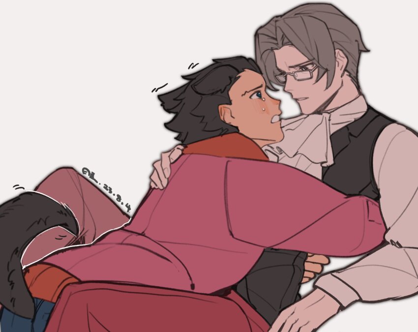 2boys a_yue_huaite ace_attorney animal_ears arm_support arms_around_waist bespectacled between_legs black_vest blue_pants blush brown_eyes brown_hair commentary crying crying_with_eyes_open curtained_hair dog_boy dog_ears dog_tail eye_contact glasses grey_hair hand_on_another&#039;s_shoulder highres jacket lapels leaning leaning_back long_sleeves looking_at_another lying lying_on_person male_focus miles_edgeworth motion_lines multiple_boys notched_lapels open_mouth pants parted_lips phoenix_wright red_jacket red_pants semi-rimless_eyewear shirt short_hair simple_background sleeve_cuffs tail tears vest white_background white_shirt yaoi