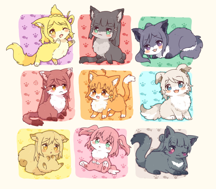 :p ahoge animal animal_focus animalization black_fur black_hair blonde_hair blue_eyes blush braid brown_fur brown_hair cat closed_mouth crown_braid green_eyes hair_bun hair_ornament hair_rings hairclip kunikida_hanamaru kurosawa_dia kurosawa_ruby long_hair looking_at_viewer love_live! love_live!_sunshine!! matsuura_kanan nako_(user_wnnm5534) no_humans ohara_mari open_mouth orange_fur orange_hair ponytail purple_eyes red_fur red_hair sakurauchi_riko short_hair side_braid single_hair_bun single_hair_ring single_side_bun single_tear sitting smile takami_chika tongue tongue_out tsushima_yoshiko twintails watanabe_you yellow_eyes yellow_fur