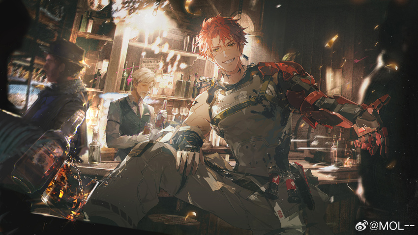 3boys alcohol bar_(place) belt dog_tags earrings explosive grenade grin hat highres jewelry leg_up looking_at_viewer mechanical_arms mol-- multiple_boys noctis_(pgr) official_art punishing:_gray_raven reaching reaching_towards_viewer red_hair serving single_earring single_mechanical_arm sitting smile spill spilling tattoo watermark weibo_watermark yellow_eyes