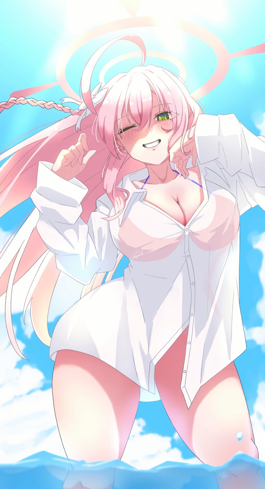 1girl ;d absurdres ahoge benjamin_1kt bikini bikini_top_only bikini_under_clothes blue_archive blush breasts cleavage collarbone grin halo hanako_(blue_archive) hanako_(swimsuit)_(blue_archive) highres huge_ahoge large_breasts long_braid looking_at_viewer no_pants official_alternate_costume one_eye_closed open_collar open_mouth outdoors oversized_clothes oversized_shirt pink_bikini pink_hair see-through_clothes shirt smile solo swimsuit wading white_shirt