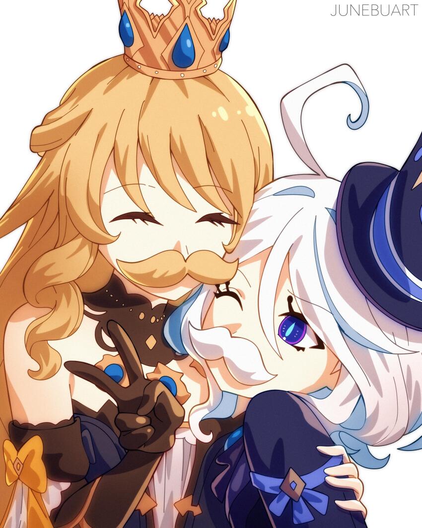2girls ^_^ absurdres ahoge artist_name bare_shoulders black_gloves blonde_hair blue_eyes blue_pupils closed_eyes commentary crown drop-shaped_pupils english_commentary facial_hair fake_facial_hair fake_mustache furina_(genshin_impact) genshin_impact gloves hand_on_another&#039;s_arm hand_up highres junebuart long_hair mini_crown multiple_girls mustache navia_(genshin_impact) one_eye_closed simple_background symbol-shaped_pupils v very_long_hair white_background