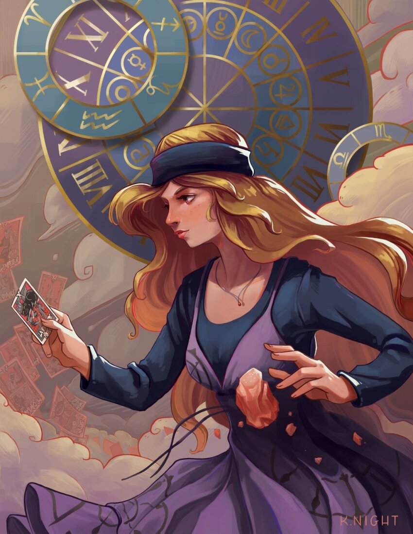 1girl artist_name blonde_hair blue_headband blue_shirt blush card cloud_background commentary cowboy_shot dress english_commentary facing_to_the_side freckles gem headband highres holding holding_card jewelry kiraknight long_hair long_sleeves looking_to_the_side mifune_chihaya pendant persona persona_5 pink_eyes plunging_neckline profile purple_dress red_gemstone red_lips roman_numeral scoop_neck shirt sleeveless sleeveless_dress solo tarot tarot_card very_long_hair wavy_hair wheel_of_fortune_(tarot) zodiac_wheel