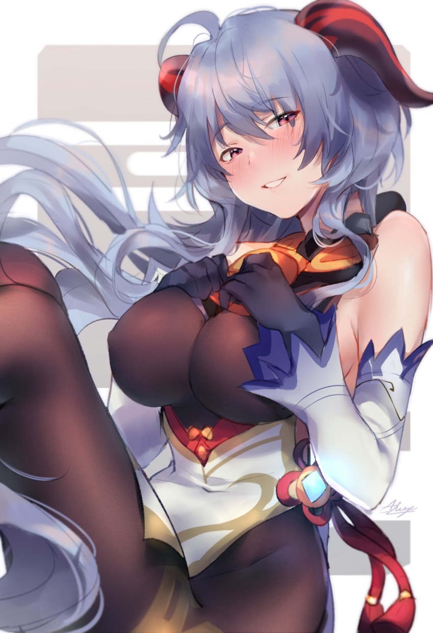 ahoge allze artist_name bare_shoulders bell black_gloves black_legwear blue_hair blush bodystocking bodysuit breasts chinese_knot detached_sleeves flower_knot ganyu_(genshin_impact) genshin_impact gloves gold_trim hands_on_own_chest highres horns jewelry large_breasts long_hair looking_at_viewer neck_bell purple_eyes sidelocks sitting smile solo source_request tassel thighlet vision_(genshin_impact) white_sleeves