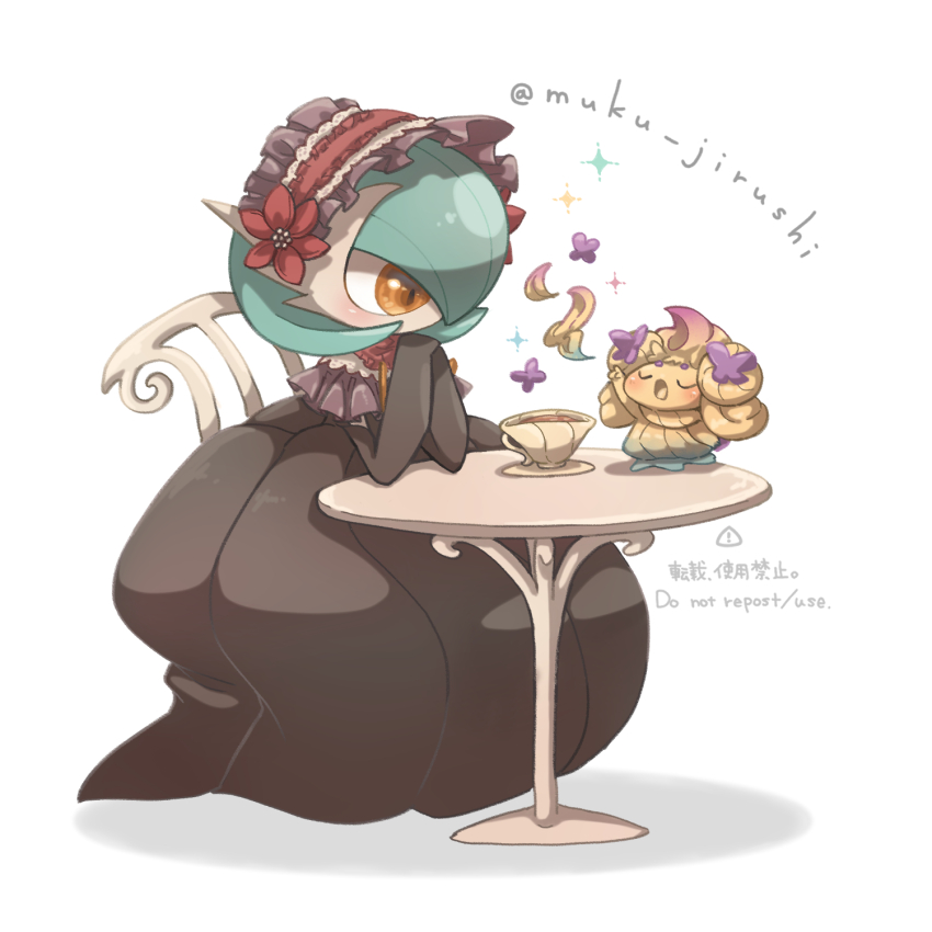 2girls :o alcremie alcremie_(rainbow_swirl) alcremie_(ribbon_sweet) arm_up artist_name black_dress black_gloves blonde_hair blue_hair blush bob_cut capelet chair closed_eyes colored_skin cup decorate_(pokemon) dress drink elbow_gloves female_focus flower frilled_capelet frilled_hairband frills gardevoir gen_3_pokemon gen_8_pokemon gloves gradient_hair hair_flower hair_ornament hair_over_one_eye hairband hands_up highres index_finger_raised long_dress looking_at_another mega_gardevoir mega_pokemon mini_person minigirl muku_jirushi multicolored_capelet multicolored_hair multiple_girls nintendo no_mouth on_chair one_eye_covered open_mouth orange_eyes outstretched_arm own_hands_together pokemon pokemon_(creature) pokemon_move purple_hair red_flower red_hairband saucer short_hair sidelocks signature sitting sparkle table tea teacup twitter_username two-tone_hair u_u white_skin yellow_skin