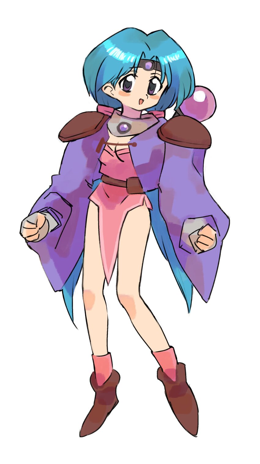1girl :d absurdres ankle_boots blue_hair blush_stickers boots breasts brown_boots circlet cleavage dress full_body gan2 haou_taikei_ryuu_knight highres jacket long_hair long_sleeves low_twintails mage_staff medium_breasts open_clothes open_jacket open_mouth paffy_pafuricia pink_dress purple_eyes purple_jacket red_socks simple_background smile socks solo staff twintails very_long_hair white_background