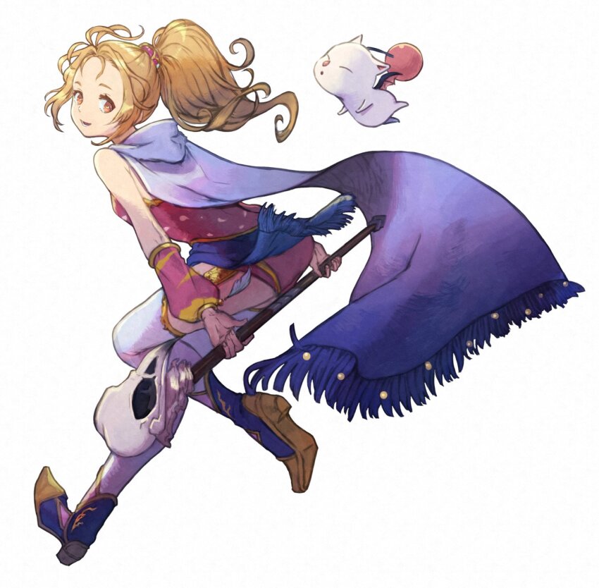 1girl blonde_hair blue_cape brown_eyes cape creature dissidia_final_fantasy dissidia_final_fantasy_opera_omnia final_fantasy final_fantasy_v full_body hair_ornament high_ponytail highres iritamaggg krile_mayer_baldesion_(ff5) leotard long_hair looking_at_viewer moogle open_mouth pink_leotard ponytail simple_background smile thighhighs wavy_hair white_background