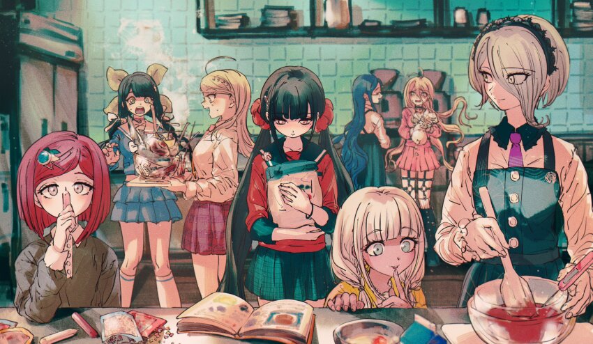 6+girls ^_^ absurdres ahoge akamatsu_kaede antenna_hair apron bag barbed_wire bell belt black_apron black_choker black_collar black_corset black_footwear black_hair black_hairband black_sailor_collar black_skirt blonde_hair blue_eyes blue_gemstone blue_hair blue_serafuku blue_shirt blue_skirt blunt_bangs blunt_ends book boots bow bowl brooch brown_eyes buttons candle candy chabashira_tenko choker closed_eyes closed_mouth collar collarbone collared_shirt commentary cookbook corset covered_mouth cowboy_shot cutting_board danganronpa_(series) danganronpa_v3:_killing_harmony dark-skinned_female dark_skin elbow_on_table eyelashes eyes_visible_through_hair finger_to_own_chin fingernails floral_print flour flower flower_brooch food fortissimo frilled_collar frilled_skirt frilled_sleeves frills from_side full_body funabara_(sksn_herb) gem gem_hair_ornament glasses green_bow green_eyes grey_shirt grey_sleeves hair_between_eyes hair_bow hair_ornament hair_over_one_eye hair_over_shoulder hair_scrunchie hairband hairclip harukawa_maki highres holding holding_bag holding_board holding_candle holding_pipette holding_spatula icing indoors iruma_miu jewelry kitchen knee_boots kneehighs knees lace-trimmed_hairband lace_trim light_particles long_hair long_skirt long_sleeves looking_at_another looking_at_object low_twintails maid_headdress midriff milk_carton miniskirt mole mole_under_eye mole_under_mouth multiple_belts multiple_girls multiple_hair_bows musical_note musical_note_hair_ornament musical_note_print neck_bell necklace necktie no_eyewear no_gloves no_headwear no_jacket o-ring o-ring_belt open_book open_mouth orange_necktie over-kneehighs pink_choker pink_eyes pink_hairband pink_serafuku pink_shirt pink_skirt pink_sleeves pink_vest pipette plaid_clothes plaid_skirt pleated_skirt pocket purple_necktie purple_skirt raincoat red_hair red_scrunchie red_shirt red_sleeves refrigerator rose sailor_collar school_uniform scrunchie serafuku shell shell_necklace shirogane_tsumugi shirt shoe_belt short_hair skirt skirt_set smile socks spatula spider_web_print stirring striped_clothes striped_socks studded_footwear symbol-only_commentary teeth thigh_belt thigh_strap thighhighs three-quarter_sleeves tile_wall tiles tojo_kirumi twintails upper_body upper_teeth_only vertical-striped_clothes vertical-striped_socks very_long_hair vest wavy_hair white_bow white_collar white_flower white_hair white_rose white_sailor_collar white_shirt white_sleeves white_socks yellow_raincoat yonaga_angie yumeno_himiko
