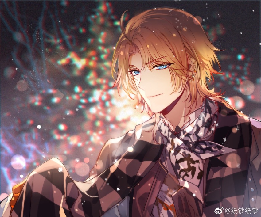 1boy ahoge bare_tree blonde_hair blue_eyes blurry blurry_background brown_jacket brown_scarf christmas christmas_lights christmas_tree christmas_tree_earrings closed_mouth clothes_lift curtained_hair ear_piercing earrings gloves jacket jewelry lars_rorschach lens_flare long_sleeves looking_at_viewer lovebrush_chronicles male_focus multiple_scarves nevakuma_(fanfanas) night orange_gloves parted_bangs patterned_clothing piercing scarf shirt short_hair smile snowing solo striped_clothes striped_scarf stud_earrings tree upper_body watermark weibo_watermark white_scarf white_shirt