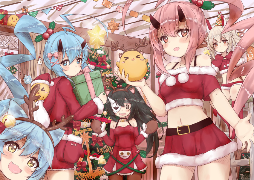 &gt;_&lt; 5girls @_@ absurdres ahoge akatsuki_(azur_lane) antlers ayanami_(azur_lane) azur_lane bell black_hair blonde_hair blue_eyes blue_hair box christmas christmas_tree fake_antlers fang fubuki_(azur_lane) gift gift_box hair_bell hair_ornament hair_ribbon high_ponytail highres holding holding_box horns ikazuchi_(azur_lane) inazuma_(azur_lane) looking_at_viewer manjuu_(azur_lane) midriff multiple_girls open_mouth pink_hair pink_ribbon ponytail reaching reaching_towards_viewer red_eyes reindeer_antlers ribbon santa_costume smile x_hair_ornament yamataka yellow_eyes