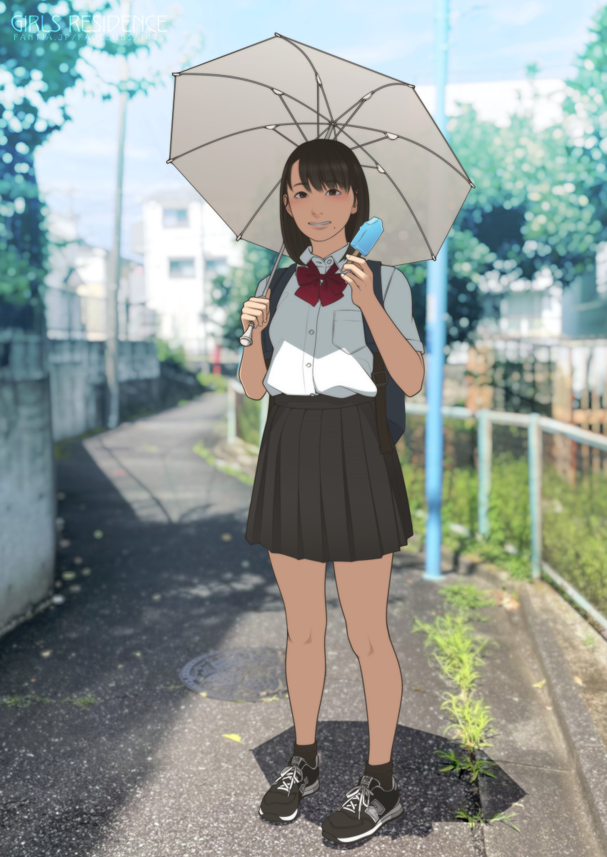 1girl absurdres asian backpack bag black_hair black_shoes bow bowtie breast_pocket brown_eyes commentary_request food full_body high-waist_skirt highres holding holding_food holding_popsicle holding_umbrella medium_hair miniskirt mole mole_under_mouth new_balance original photo_background pleated_skirt pocket popsicle red_bow red_bowtie shinchou_ni_kansuru_kousatsu shoes skirt sneakers solo umbrella